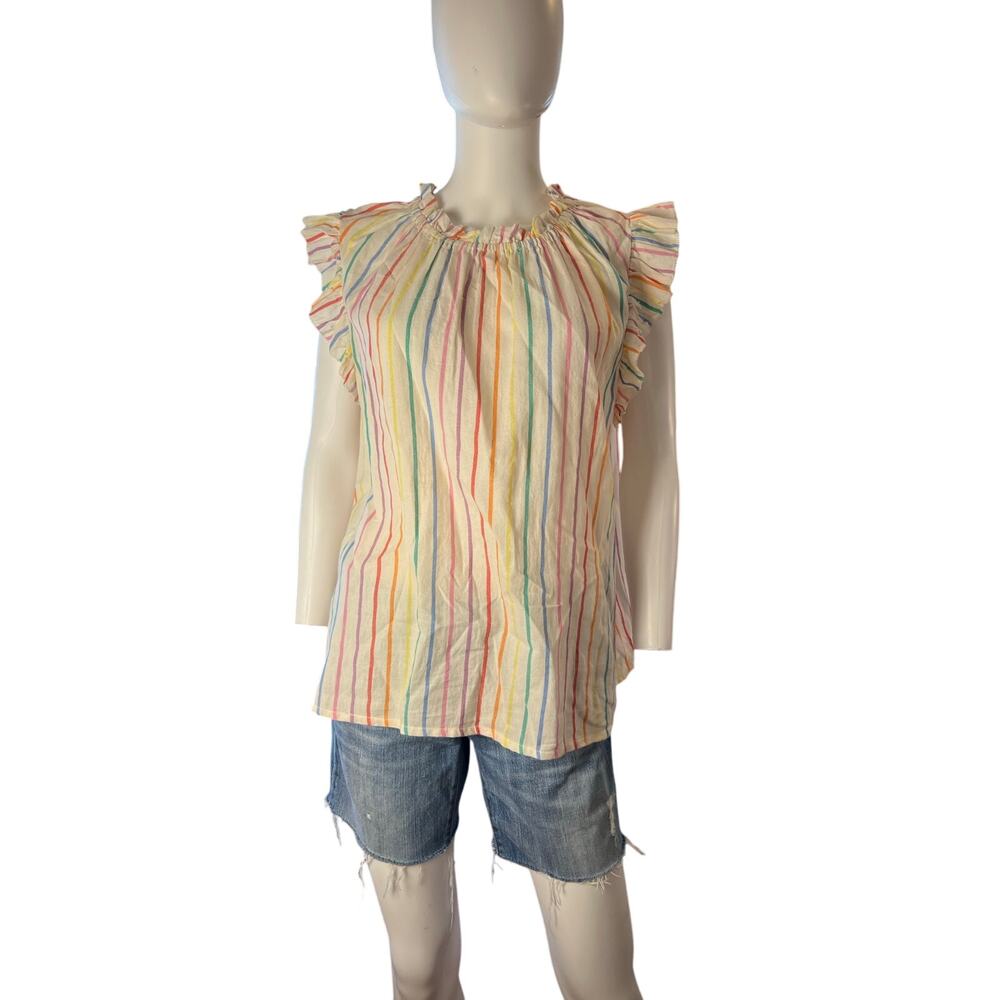 THML Anthropologie White Rainbow Flutter Sleeve Ruffle Neck Cotton Top XL - Picture 2 of 6